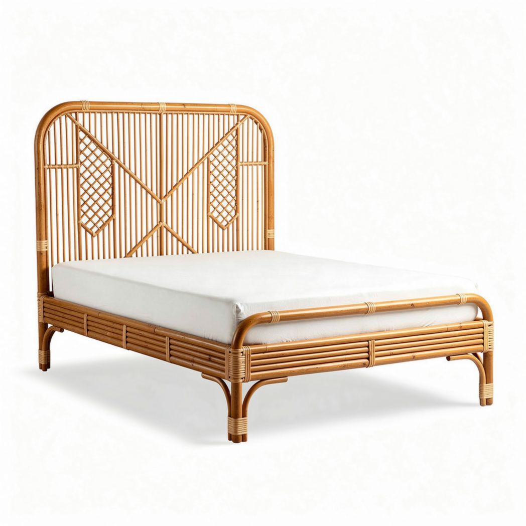 Letto in rattan naturale con testata decorativa 190 x 90 x 100cm