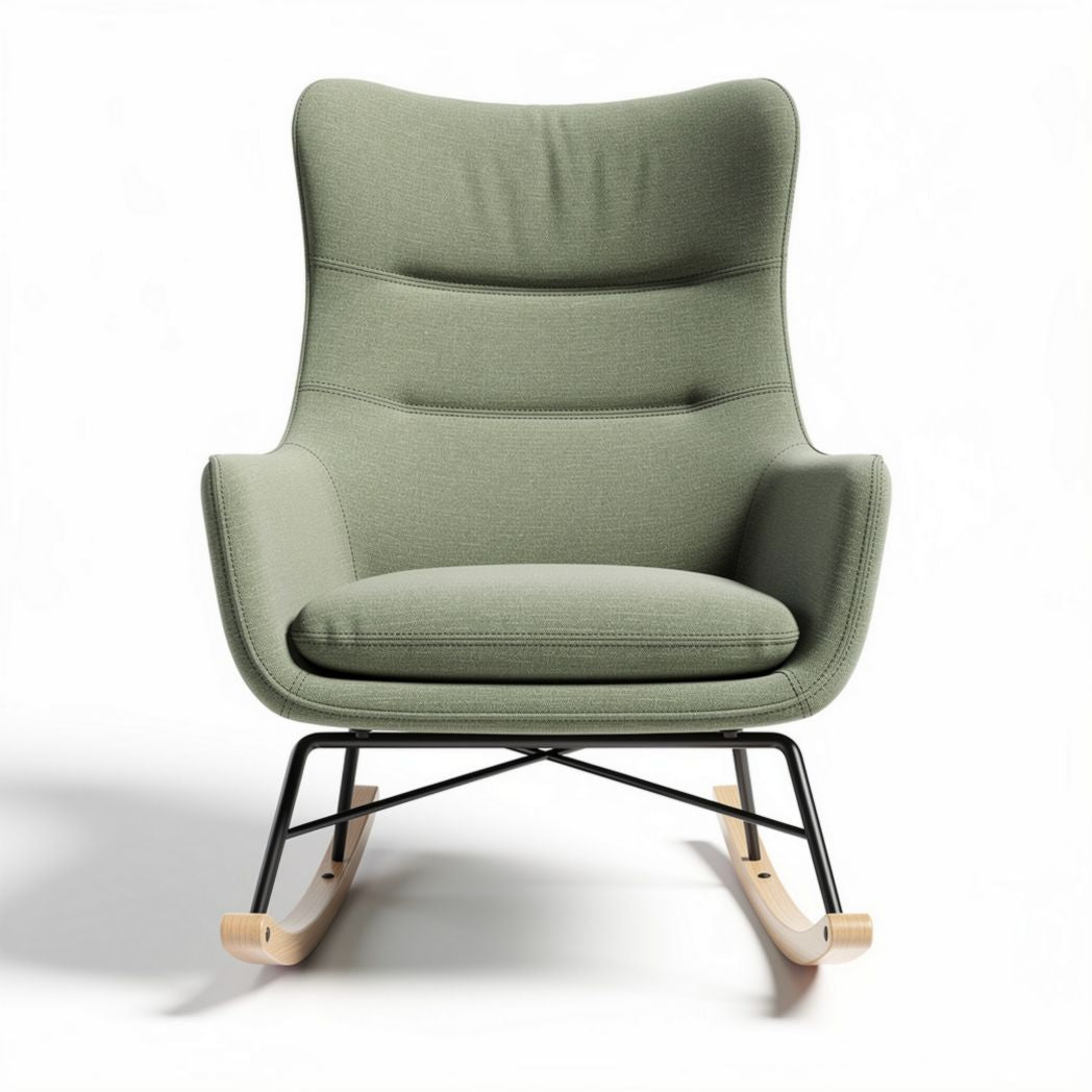 Poltrona a dondolo in tessuto verde con struttura in legno e metallo 80 x 70 x 90cm