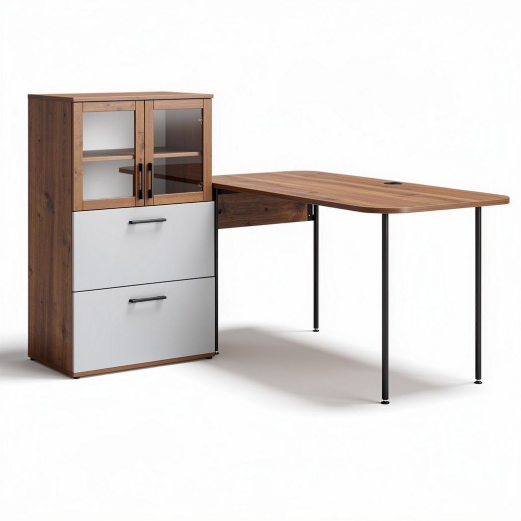 Scrivania angolare in legno con mobiletto e due cassetti 150 x 80 x 76cm