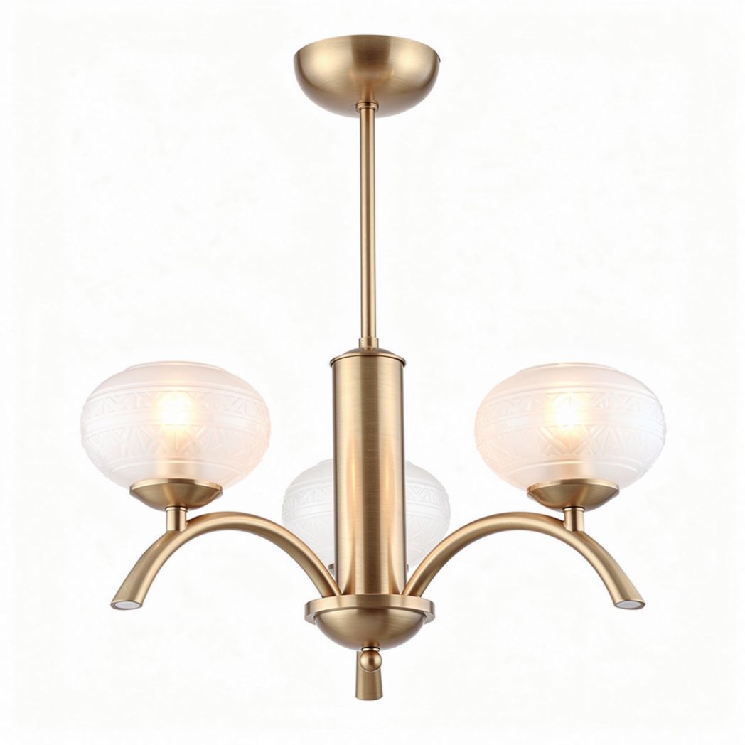Lampadario moderno in metallo dorato con tre diffusori in vetro bianco diametro 30 cm h 50 cm