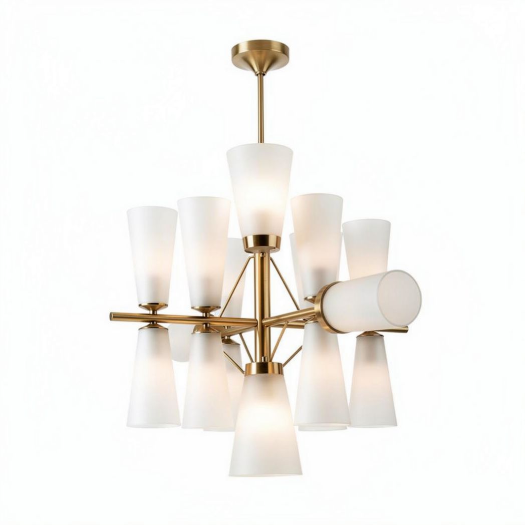 Lampadario in metallo dorato con 12 paralumi in vetro opalino dimensioni 30 x 30 x 50 cm
