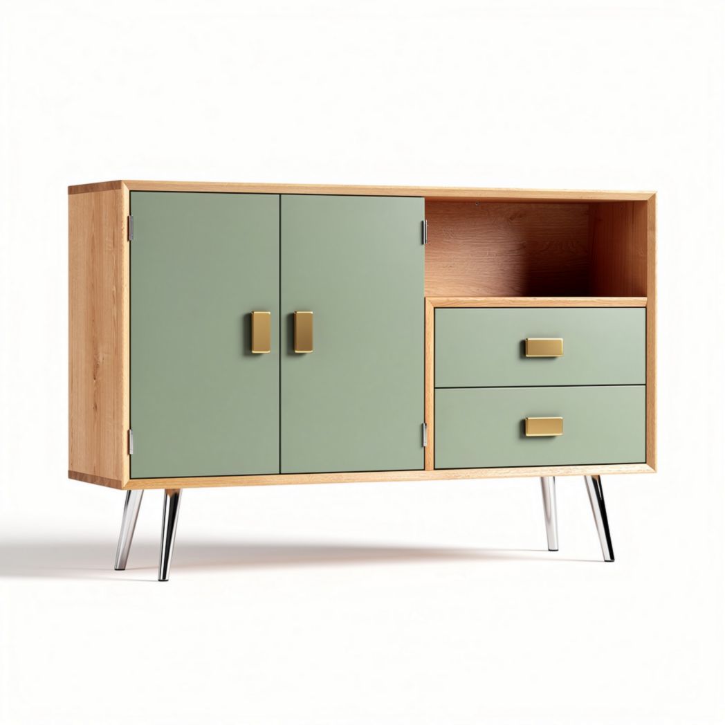 Mobiletto in legno di rovere con ante verdi e cassetti color bronzo 150 x 40 x 75cm
