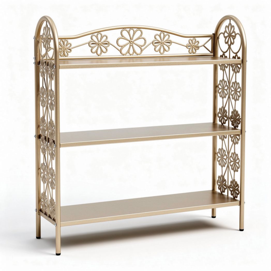 Libreria in metallo dorato con fiori tre ripiani 75 x 30 x 110cm