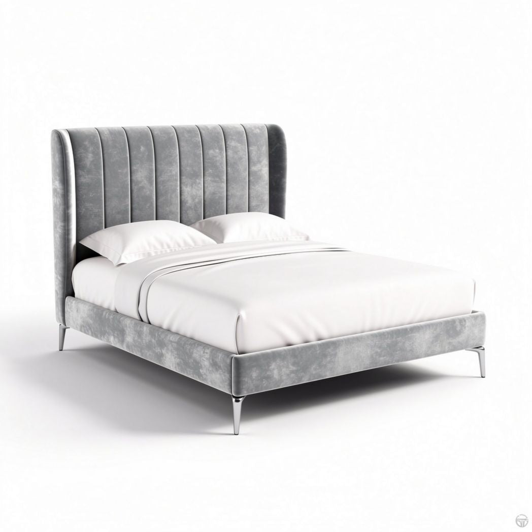 Letto matrimoniale in velluto grigio chiaro con testiera trapuntata 200 x 160 x 100cm
